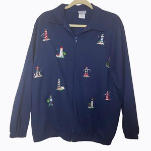 BonWorth Navy Blue Beach Lighthouse Embroidered Jacket Lightweight